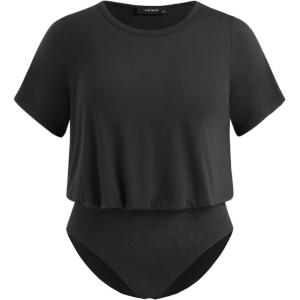 CIDER Women’s Jersey Round Neck Solid Bodysuit Plus Size(Black)