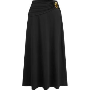 CIDER Womens Midi Skirt Ruched High Waist Elegant Casual Skirt(Black)