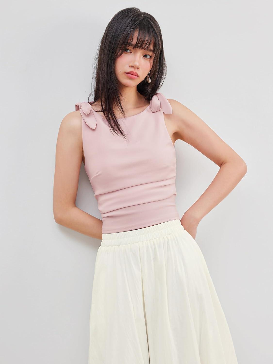 imageCIDER Crop Tank Tops for Women Bowknot Ruched Solid Scoop Neck Sleeveless Fitted TopsPink