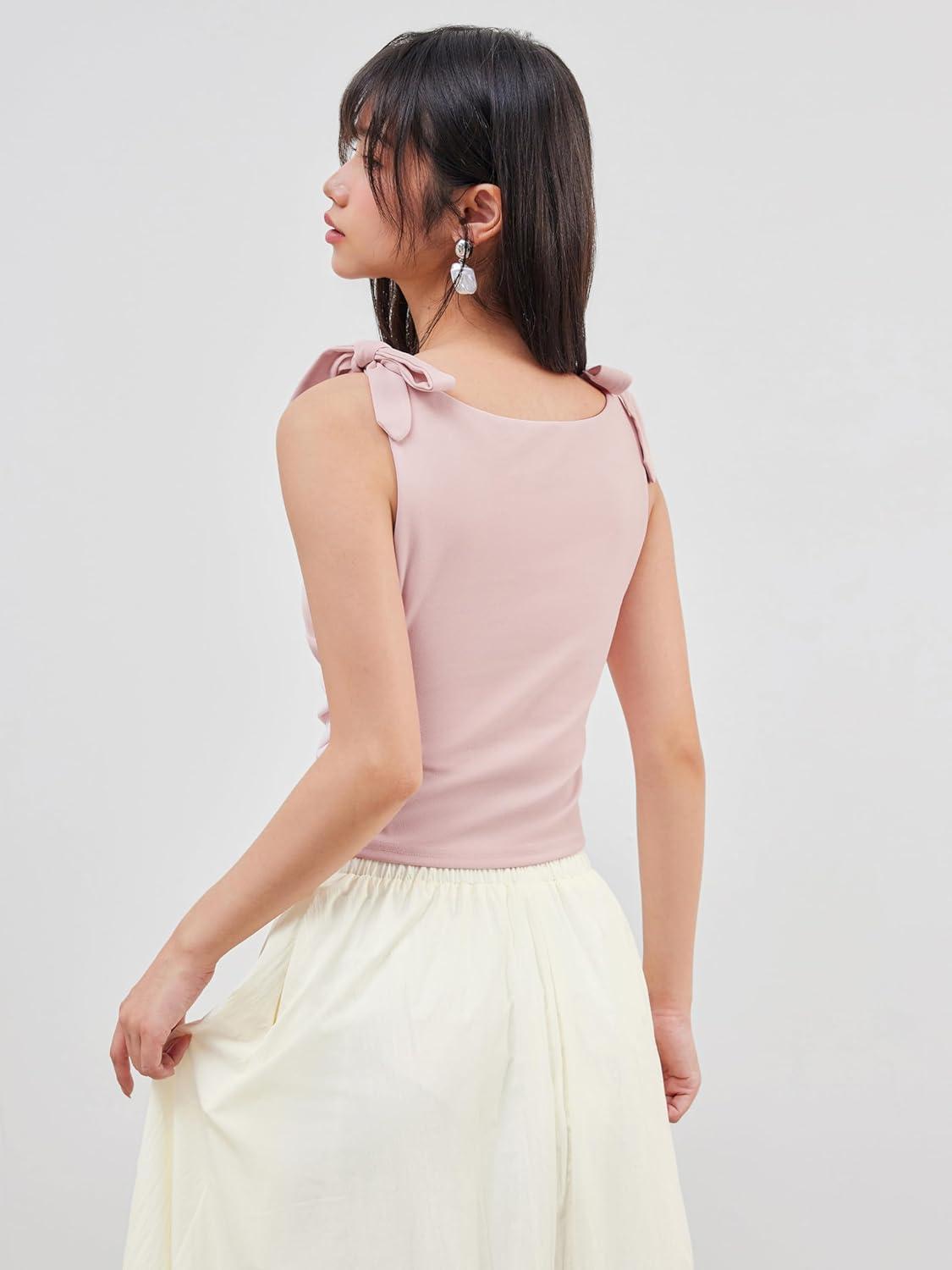 imageCIDER Crop Tank Tops for Women Bowknot Ruched Solid Scoop Neck Sleeveless Fitted TopsPink