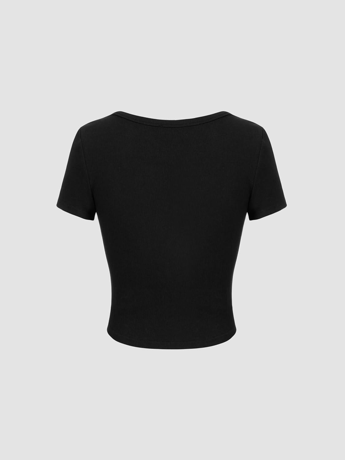 imageCIDER Crop Top for Women Crew Neck Basic Tee Short Sleeve Cotton Corset Slim Fit Top Short Sleeve ShirtsBlack