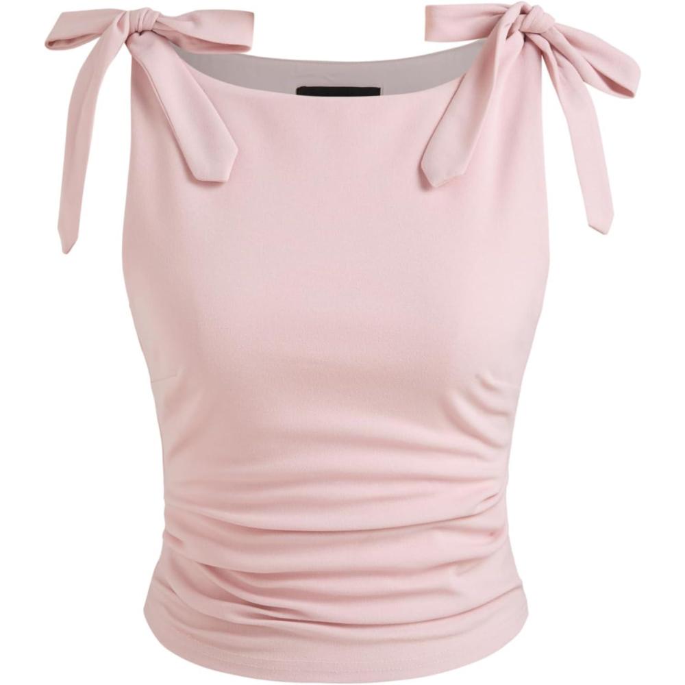 imageCIDER Crop Tank Tops for Women Bowknot Ruched Solid Scoop Neck Sleeveless Fitted TopsPink