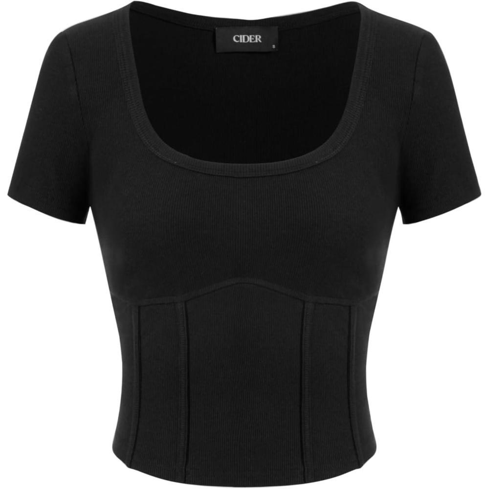 imageCIDER Crop Top for Women Crew Neck Basic Tee Short Sleeve Cotton Corset Slim Fit Top Short Sleeve ShirtsBlack