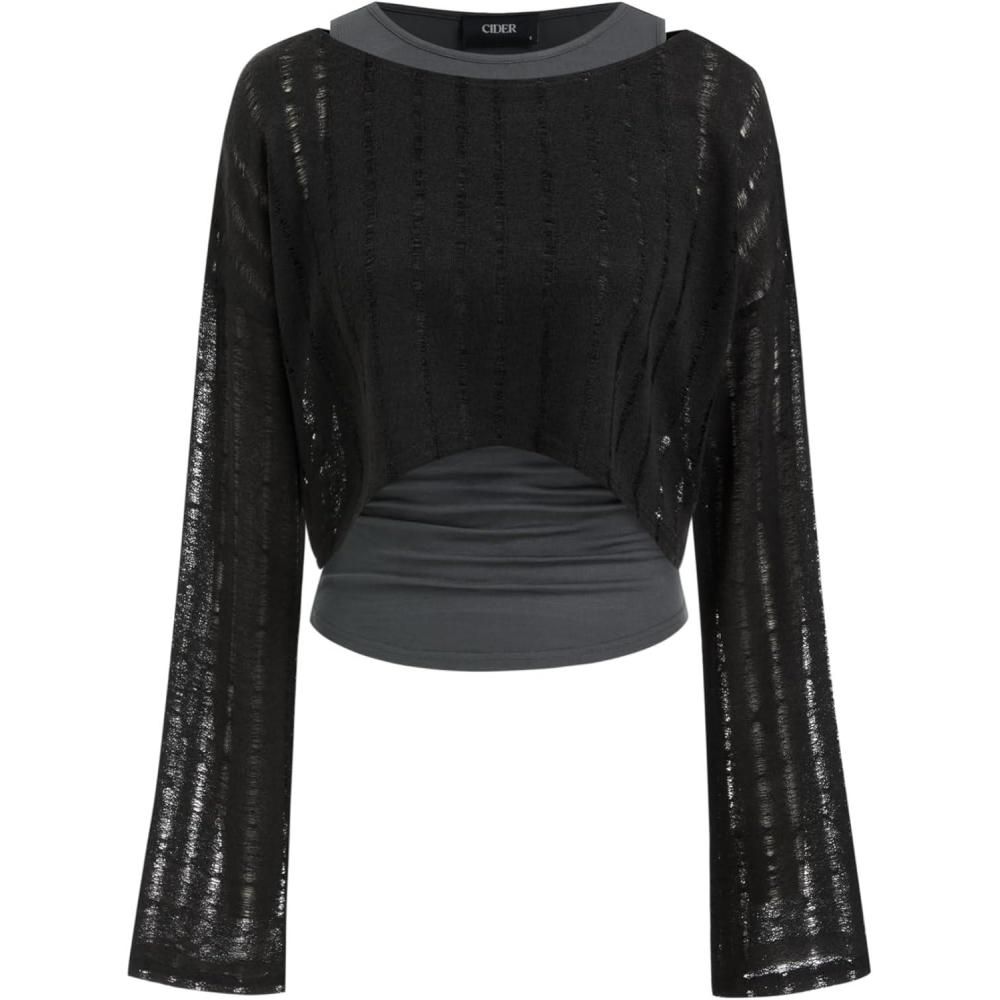 imageCIDER Cropped Knit Sweater Set Two Piece Long Sleeve Tank TopBlack