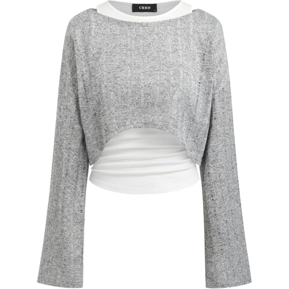 imageCIDER Cropped Knit Sweater Set Two Piece Long Sleeve Tank TopMid Blue