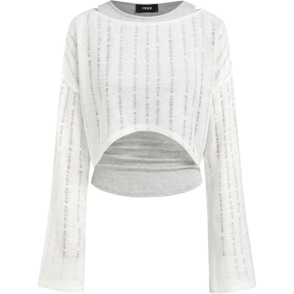 imageCIDER Cropped Knit Sweater Set Two Piece Long Sleeve Tank TopWhite