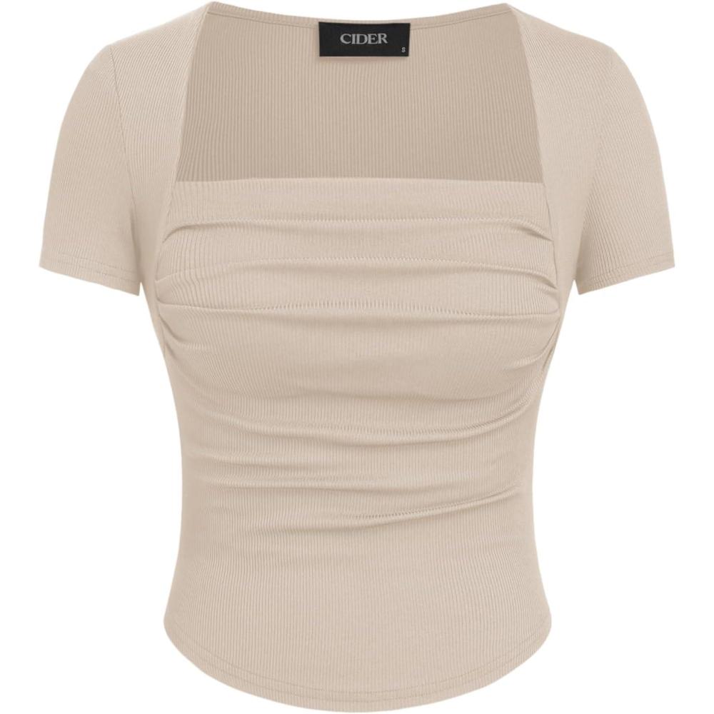 imageCIDER Going Out Tops Square Neck Ruched Short Sleeve Slim Fit Tee Shirt Basic Casual Tops for WomenBeige