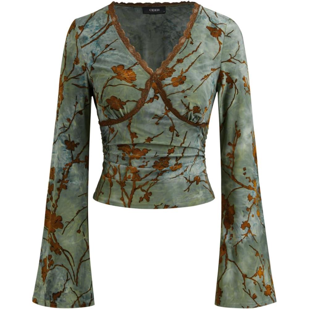 imageCIDER Going Out Tops for Women Floral Print Long Bell Sleeve V Neck Lace Trim Slim Fit Crop Top Fall TrendyGreen