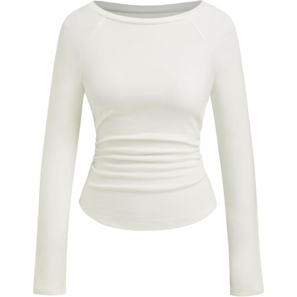 imageCIDER Long Sleeve Tops for Women Thermal Shirts Boat Neck Ruched Basic Fall Top Slim Fitted Casual Tee ShirtWhite
