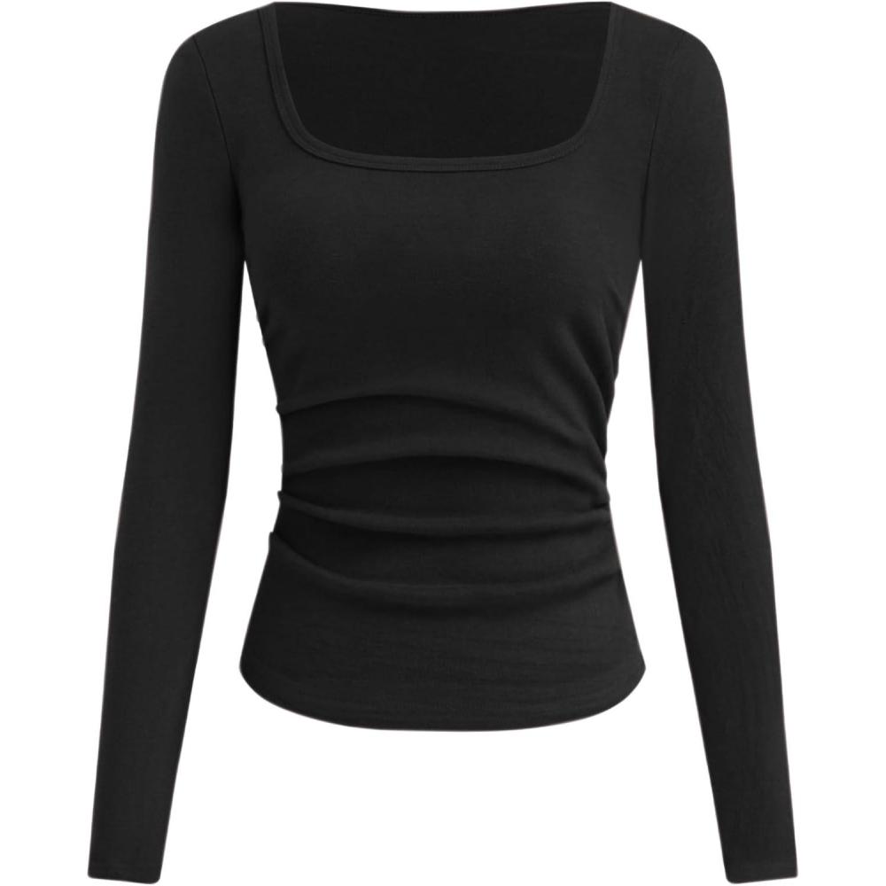 imageCIDER Long Sleeve Tops for Women Thermal Shirts Square Neck Ruched Basic Fall Top Slim Fitted Casual Tee ShirtBlack