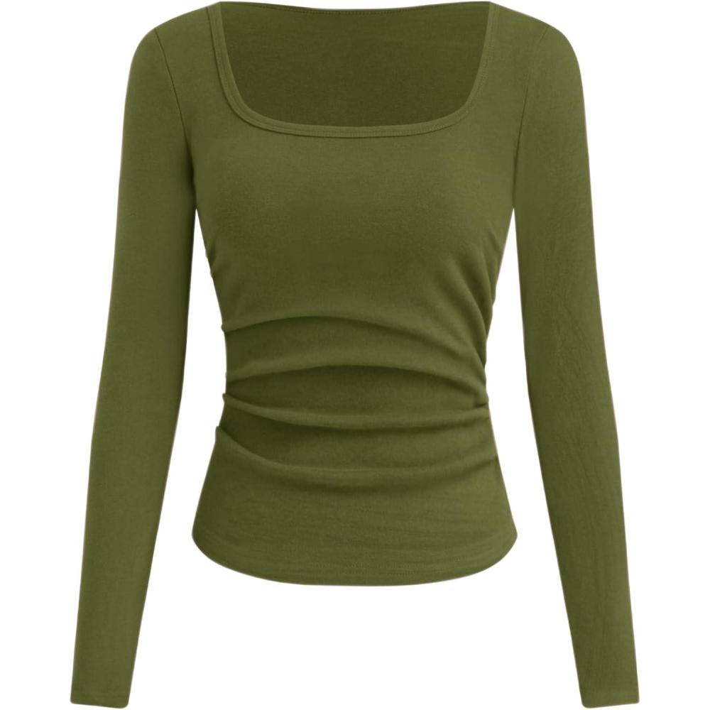 imageCIDER Long Sleeve Tops for Women Thermal Shirts Square Neck Ruched Basic Fall Top Slim Fitted Casual Tee ShirtGreen