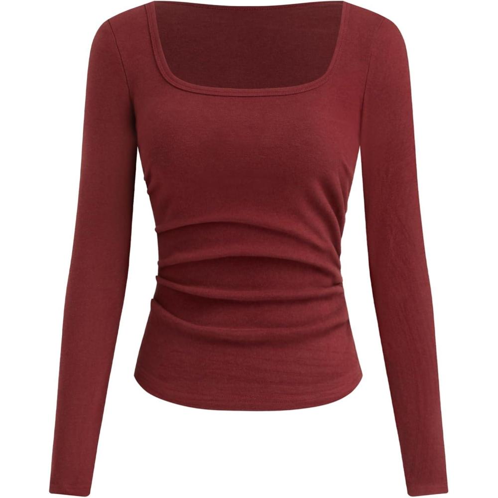 imageCIDER Long Sleeve Tops for Women Thermal Shirts Square Neck Ruched Basic Fall Top Slim Fitted Casual Tee ShirtWine
