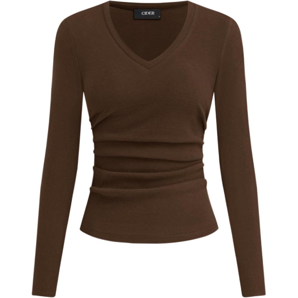 imageCIDER Long Sleeve Tops for Women Thermal Shirts V Neck Ruched Basic Fall Top Slim Fitted Casual Tee ShirtBrown