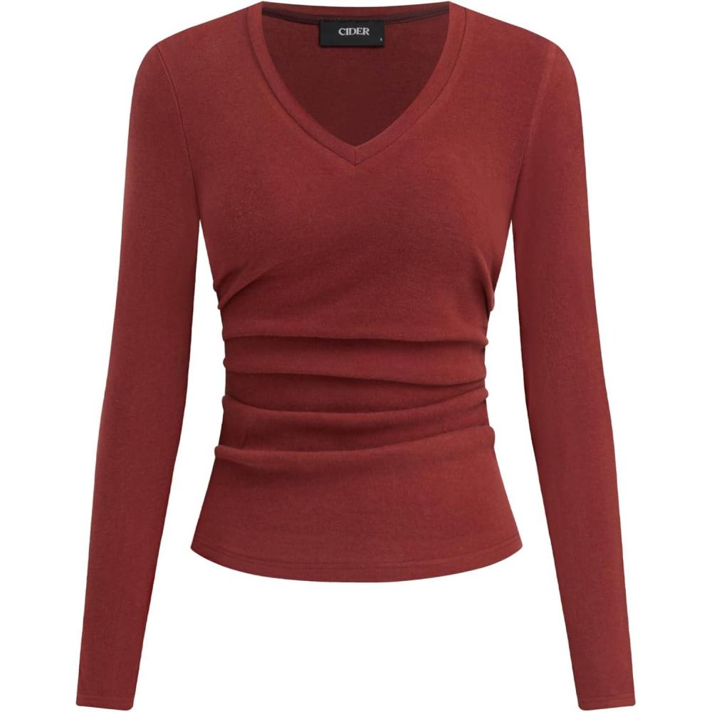 imageCIDER Long Sleeve Tops for Women Thermal Shirts V Neck Ruched Basic Fall Top Slim Fitted Casual Tee ShirtWine