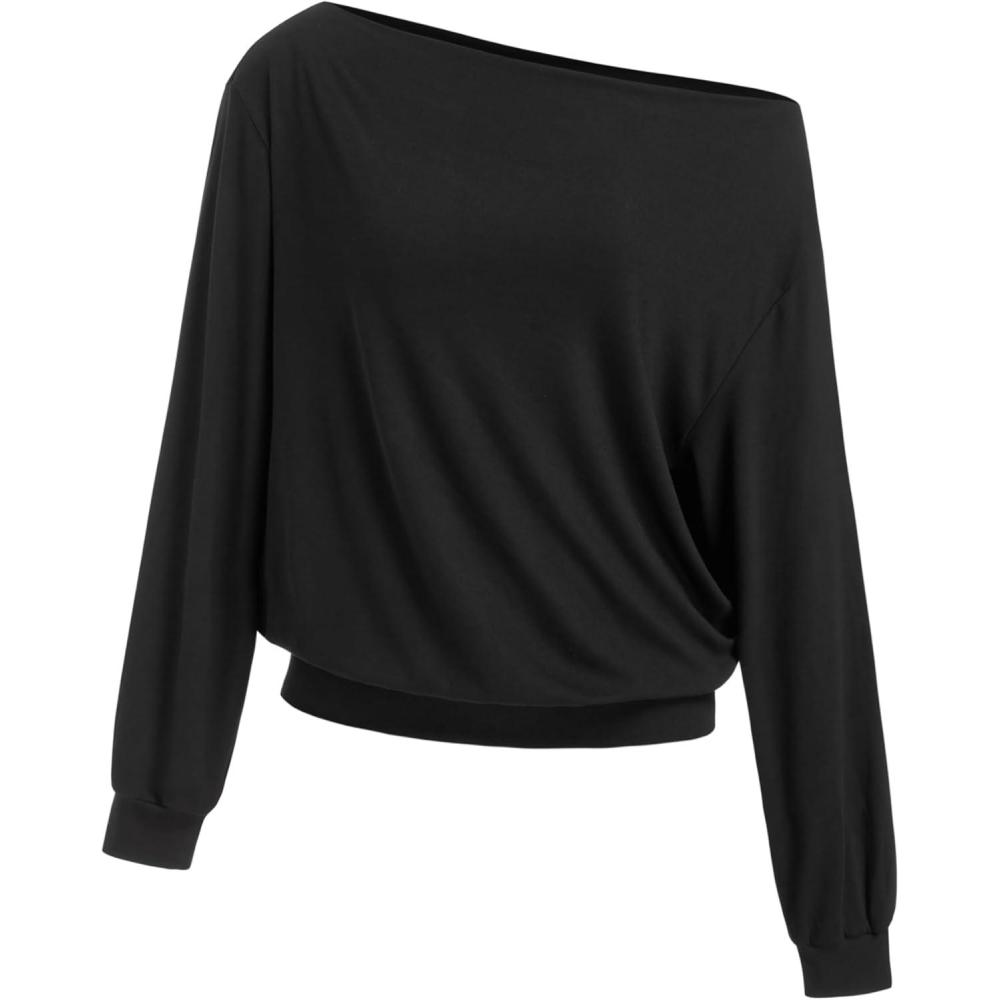 imageCIDER Off The Shoulder Sweatshirt for Women Long Sleeve One Shoulder Casual Pullover Top Fall TrendyBlack