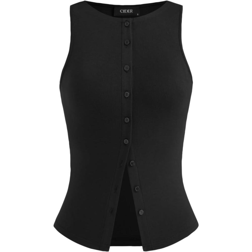imageCIDER Women Button Down Tank Tops Sleeveless Ribbed Slim Fit Crop Vest Top Summer Going Out Tank TopBlack