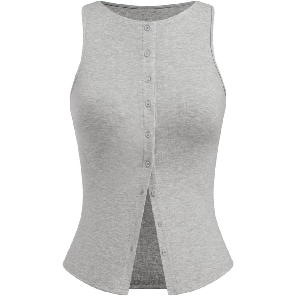 imageCIDER Women Button Down Tank Tops Sleeveless Ribbed Slim Fit Crop Vest Top Summer Going Out Tank TopGrey