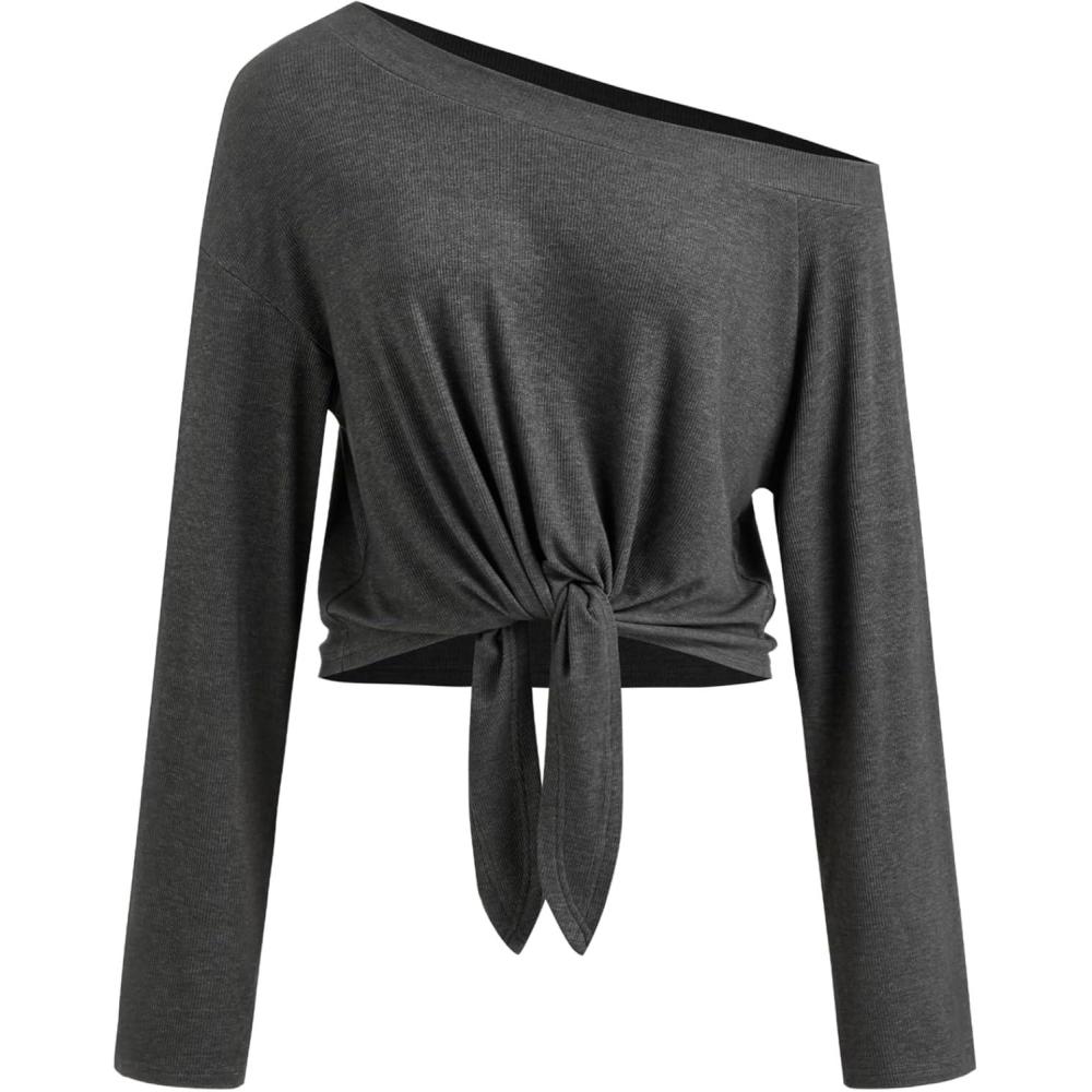 imageCIDER Women Cozy One Shoulder Going Out Tie Front Top Long Sleeve 2025 Casual Basic TeesDark Grey