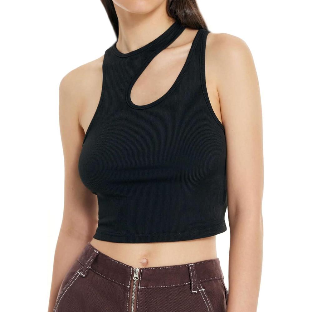 imageCIDER Womens Cut Out Tops Asymmetrical Neck Sleeveless Crop Tank Tops Slim Fitted Ribbed Tee Trendy Y2K Outfits Black