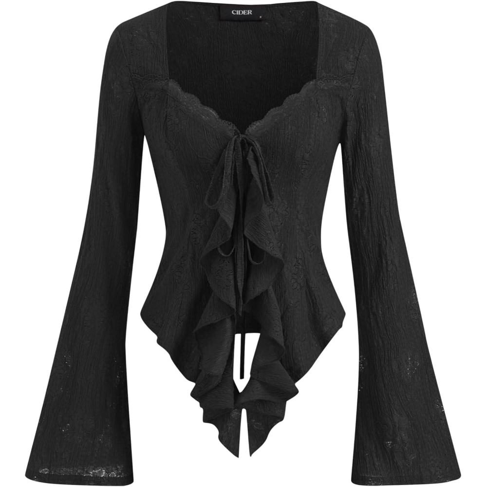 imageCIDER Womens Going Out Tops Lace Bell Long Sleeve Square Neck Ruffle Tie Front TopsBlack
