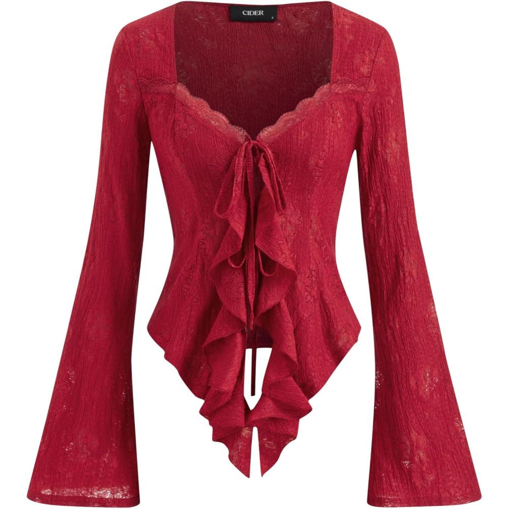 imageCIDER Womens Going Out Tops Lace Bell Long Sleeve Square Neck Ruffle Tie Front TopsRed