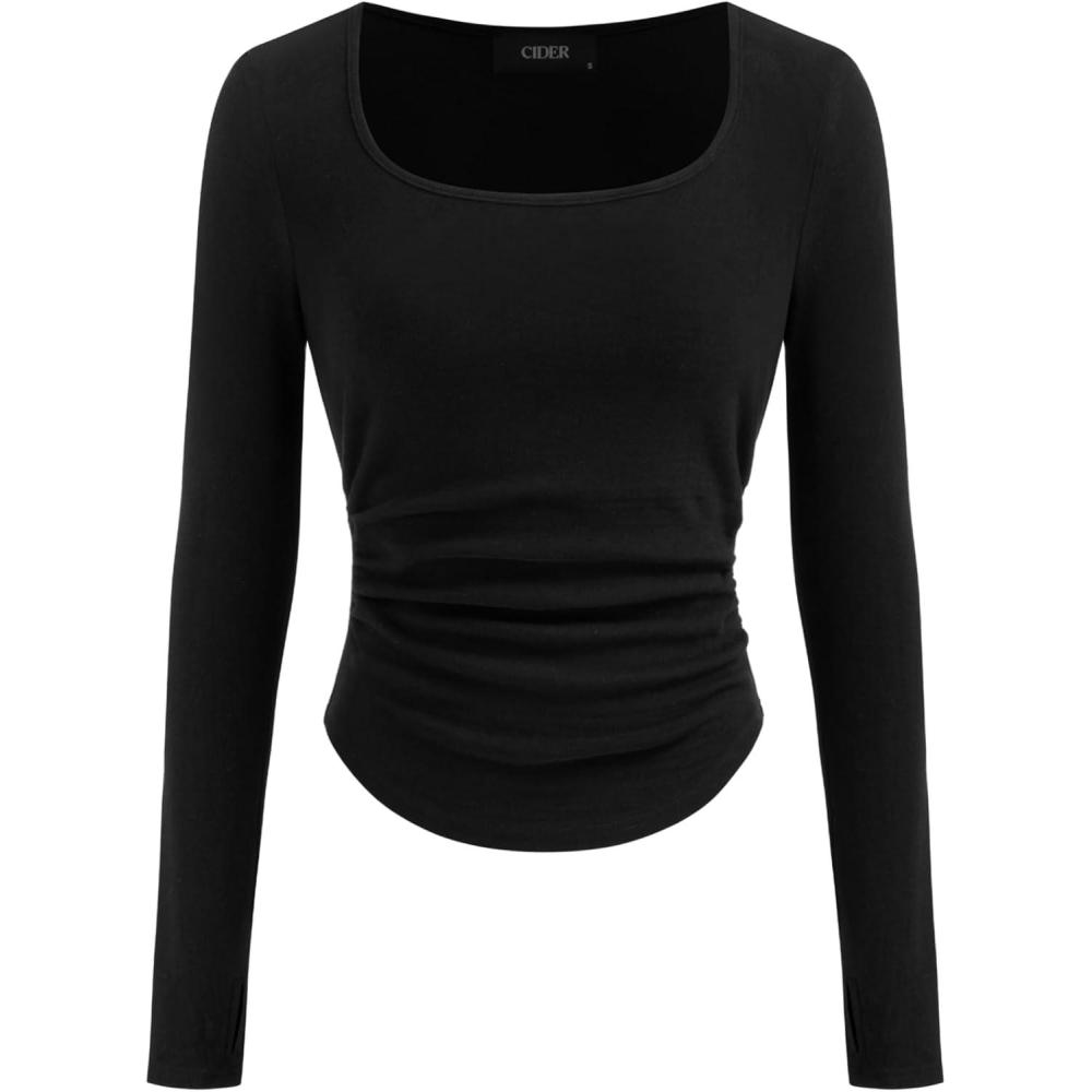 imageCIDER Womens Long Sleeve Scoop Neck Casual Going Out Slim Fit TShirtBlack