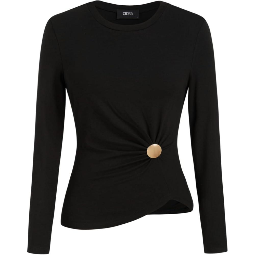 imageCIDER Womens Long Sleeve T Shirt Fashion Knot Detail Casual TopBlack