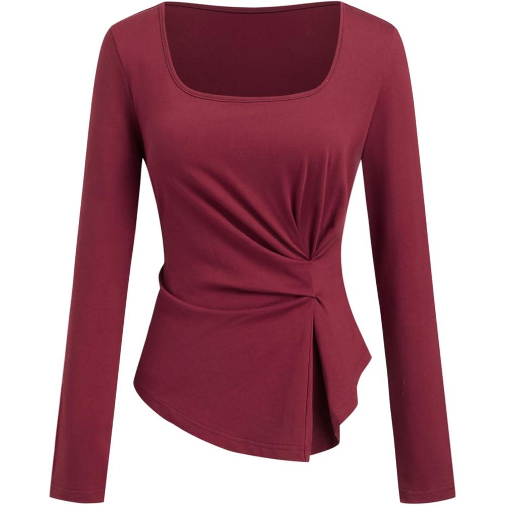 imageCIDER Womens Long Sleeve Top Square Neck Fashion Casual Tee ShirtRed