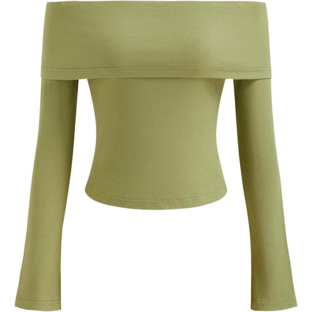 imageCIDER Womens Off Shoulder Long Sleeve Cute Top Y2K Knit Pullover Tops Going Out Fall Fashion Outfits 2025 TrendyGreen