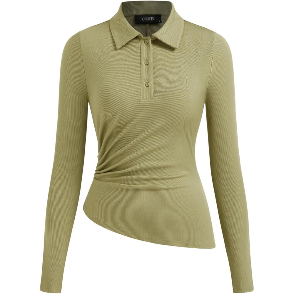 imageCIDER Womens Ribbed Knit Polo Shirt Long Sleeve Casual Going Out TopGreen