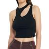 imageCIDER Womens Cut Out Tops Asymmetrical Neck Sleeveless Crop Tank Tops Slim Fitted Ribbed Tee Trendy Y2K Outfits Black