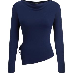 CIDER Boat Neck Tops for Women Asymmetrical Hem Long Sleeve Shirts Bow Tie Crop Tops Slim Fit Trendy Fall Outfits(Dark Navy)