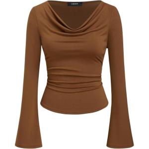 CIDER Cowl Neck Long Sleeve Blouse Bell Sleeve Going Out Casual Top(Brown)