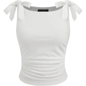 CIDER Crop Tank Tops for Women Bowknot Ruched Solid Scoop Neck Sleeveless Fitted Tops(White)