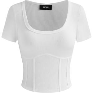 CIDER Crop Top for Women Crew Neck Basic Tee Short Sleeve Cotton Corset Slim Fit Top Short Sleeve Shirts(White)