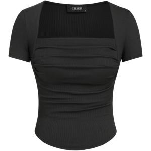 CIDER Going Out Tops Square Neck Ruched Short Sleeve Slim Fit Tee Shirt Basic Casual Tops for Women(Black)