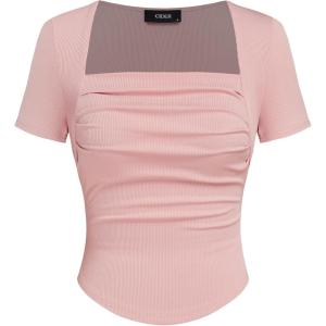CIDER Going Out Tops Square Neck Ruched Short Sleeve Slim Fit Tee Shirt Basic Casual Tops for Women(Pink)