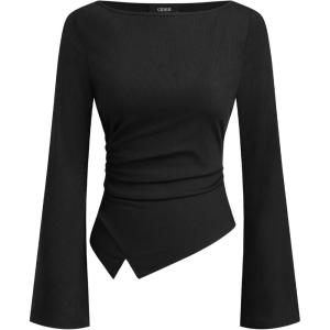 CIDER Long Sleeve Ribbed Knit Top Stylish Fashion Going Out Shirt for Women(Black)