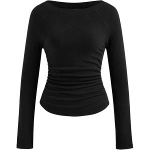 CIDER Long Sleeve Tops for Women Thermal Shirts Boat Neck Ruched Basic Fall Top Slim Fitted Casual Tee Shirt(Black)