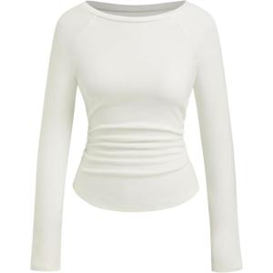 CIDER Long Sleeve Tops for Women Thermal Shirts Boat Neck Ruched Basic Fall Top Slim Fitted Casual Tee Shirt(White)