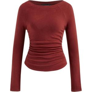 CIDER Long Sleeve Tops for Women Thermal Shirts Boat Neck Ruched Basic Fall Top Slim Fitted Casual Tee Shirt(Wine)