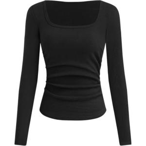 CIDER Long Sleeve Tops for Women Thermal Shirts Square Neck Ruched Basic Fall Top Slim Fitted Casual Tee Shirt(Black)