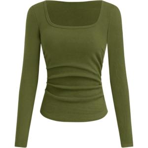 CIDER Long Sleeve Tops for Women Thermal Shirts Square Neck Ruched Basic Fall Top Slim Fitted Casual Tee Shirt(Green)