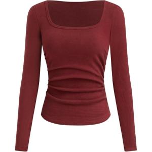 CIDER Long Sleeve Tops for Women Thermal Shirts Square Neck Ruched Basic Fall Top Slim Fitted Casual Tee Shirt(Wine)