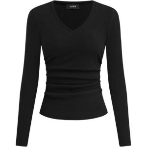 CIDER Long Sleeve Tops for Women Thermal Shirts V Neck Ruched Basic Fall Top Slim Fitted Casual Tee Shirt(Black)