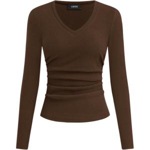 CIDER Long Sleeve Tops for Women Thermal Shirts V Neck Ruched Basic Fall Top Slim Fitted Casual Tee Shirt(Brown)