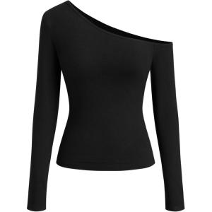 CIDER One Shoulder Long Sleeve Casual Top for Women 2025 Fall Ribbed Knit Slim Fit Pullover Shirt(Black)