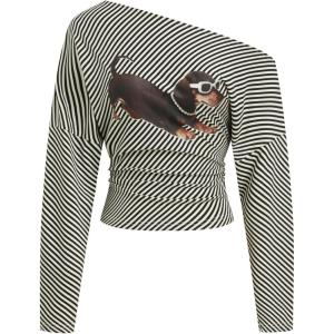 CIDER Striped One Shoulder Dog Print Long Sleeve Top Trendy Tee Shirt(Black)