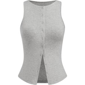 CIDER Women Button Down Tank Tops Sleeveless Ribbed Slim Fit Crop Vest Top Summer Going Out Tank Top(Grey)
