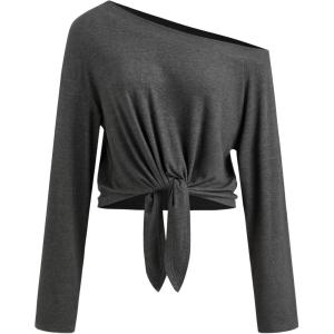 CIDER Women Cozy One Shoulder Going Out Tie Front Top Long Sleeve 2025 Casual Basic Tees(Dark Grey)